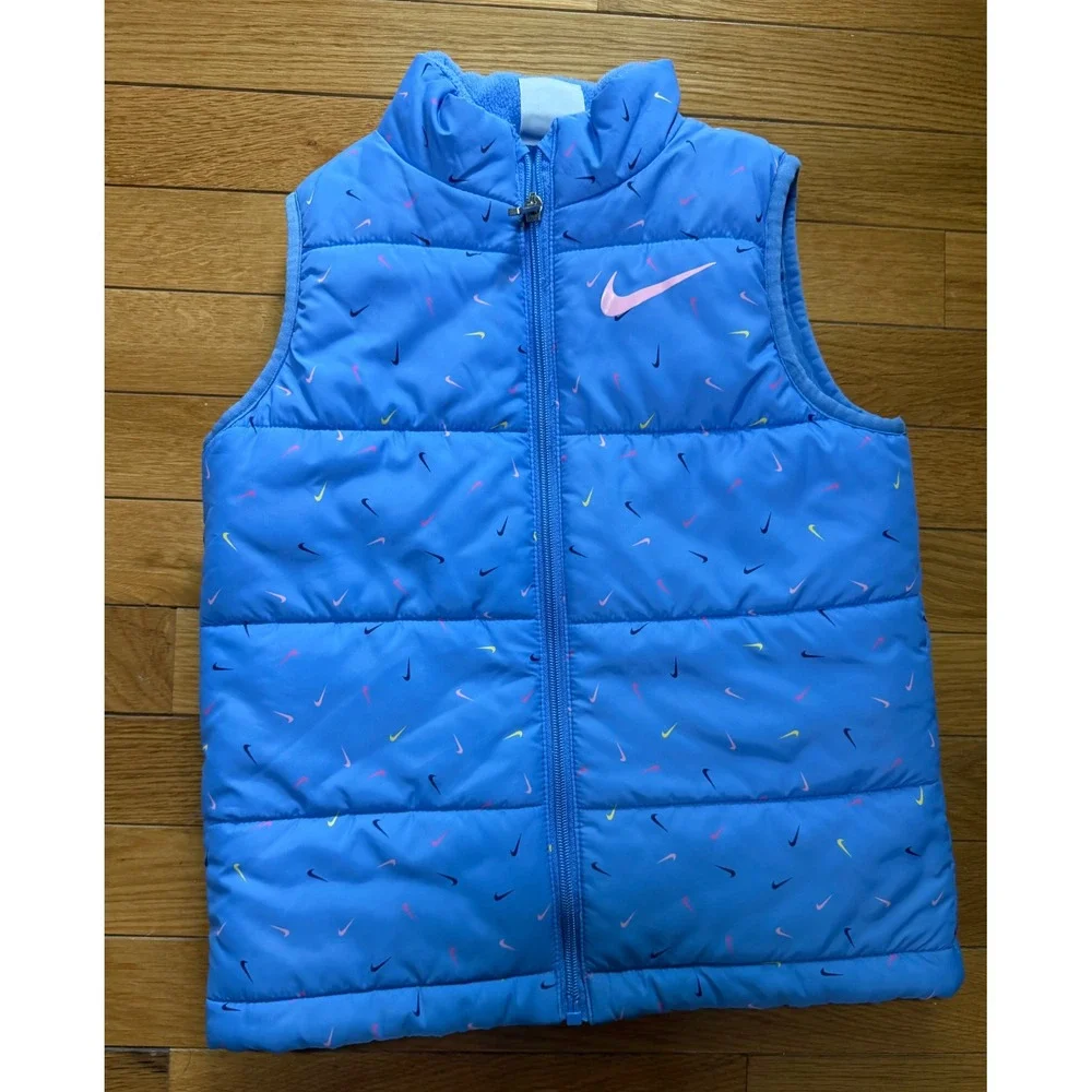 Nike Girls 3-Piece Set Puffer Vest Pink Shirt Silver Velvet Leggings Size 6 5-6Y